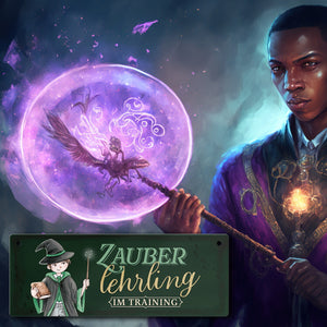 Zauberlehrling Metallschild mit Zauberschüler mit dunklem Hintergrund