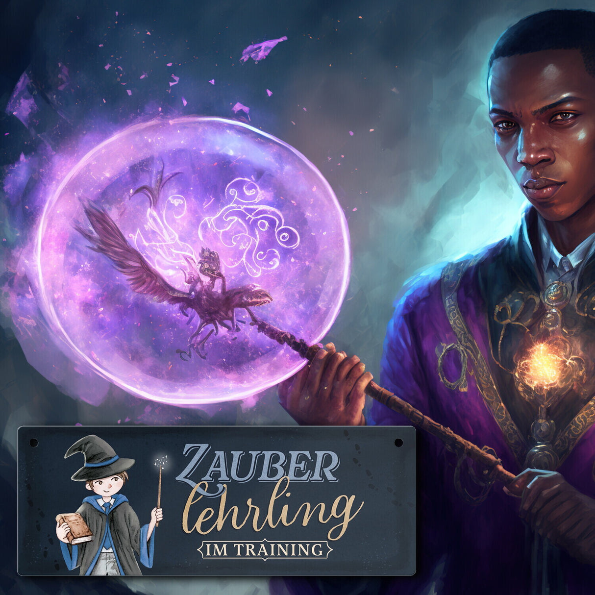 Zauberlehrling Metallschild mit Zauberschüler mit dunklem Hintergrund