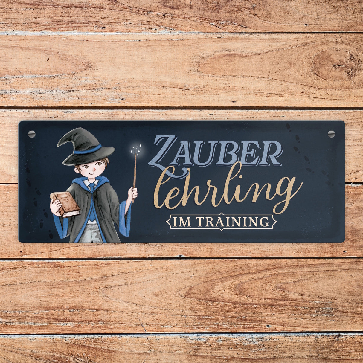 Zauberlehrling Metallschild mit Zauberschüler mit dunklem Hintergrund