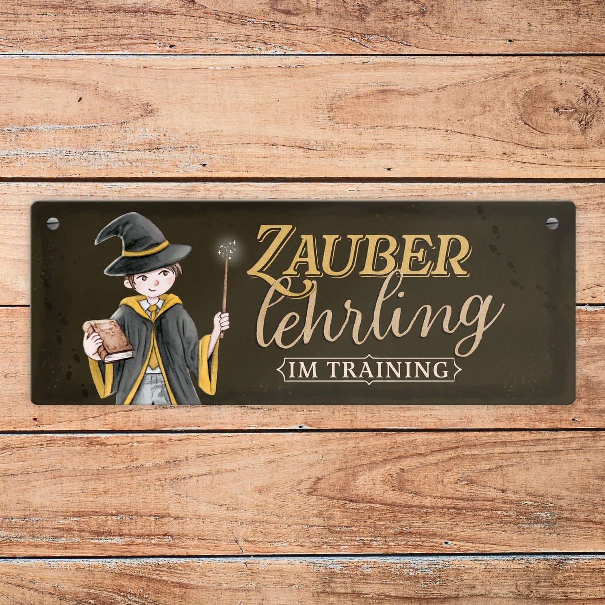 Zauberlehrling Metallschild mit Zauberschüler mit dunklem Hintergrund