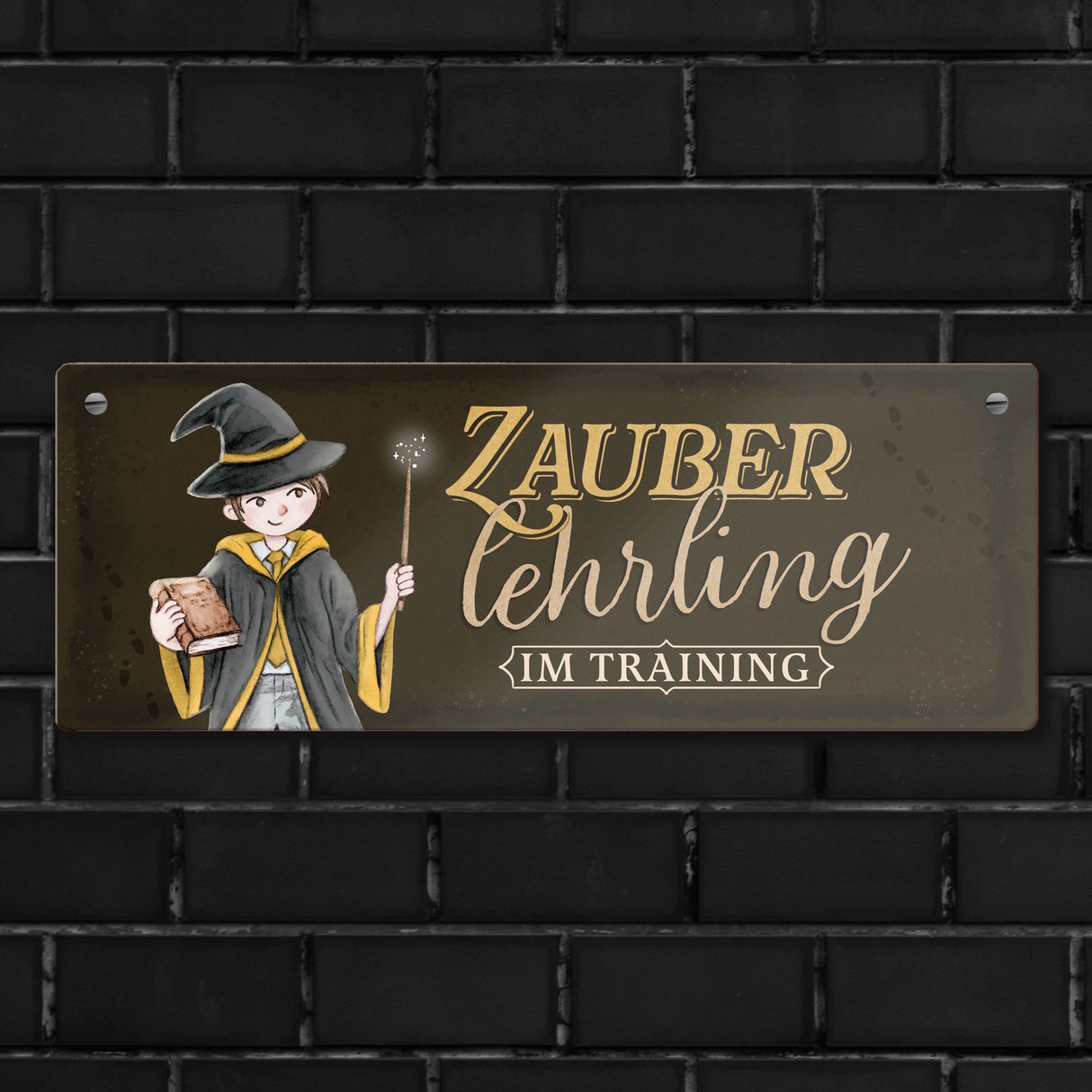 Zauberlehrling Metallschild mit Zauberschüler mit dunklem Hintergrund
