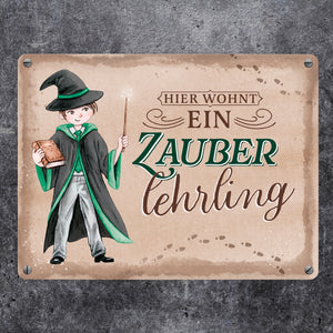 Zauberschüler Metallschild in 15x20 cm mit Spruch Hier wohnt ein Zauberlehrling