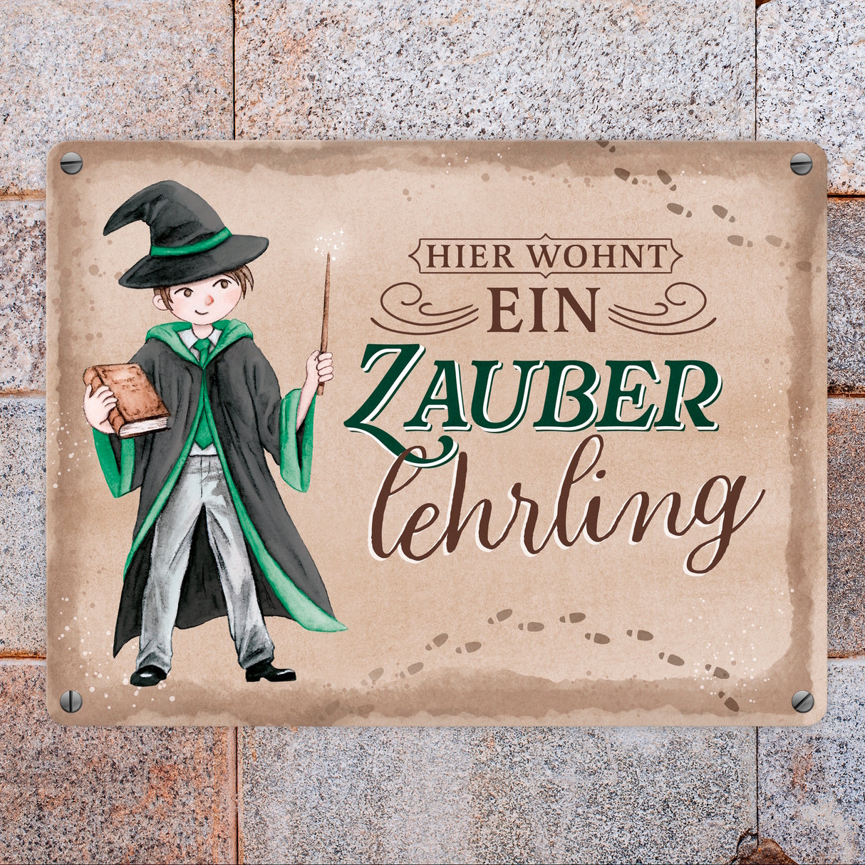 Zauberschüler Metallschild in 15x20 cm mit Spruch Hier wohnt ein Zauberlehrling