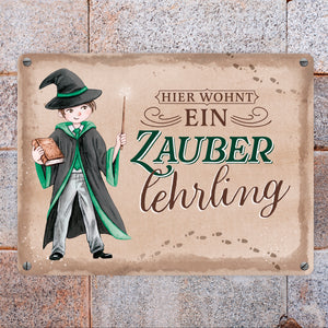 Zauberschüler Metallschild in 15x20 cm mit Spruch Hier wohnt ein Zauberlehrling