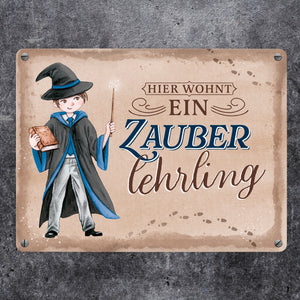 Zauberschüler Metallschild in 15x20 cm mit Spruch Hier wohnt ein Zauberlehrling