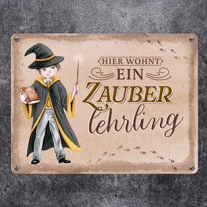 Zauberschüler Metallschild in 15x20 cm mit Spruch Hier wohnt ein Zauberlehrling