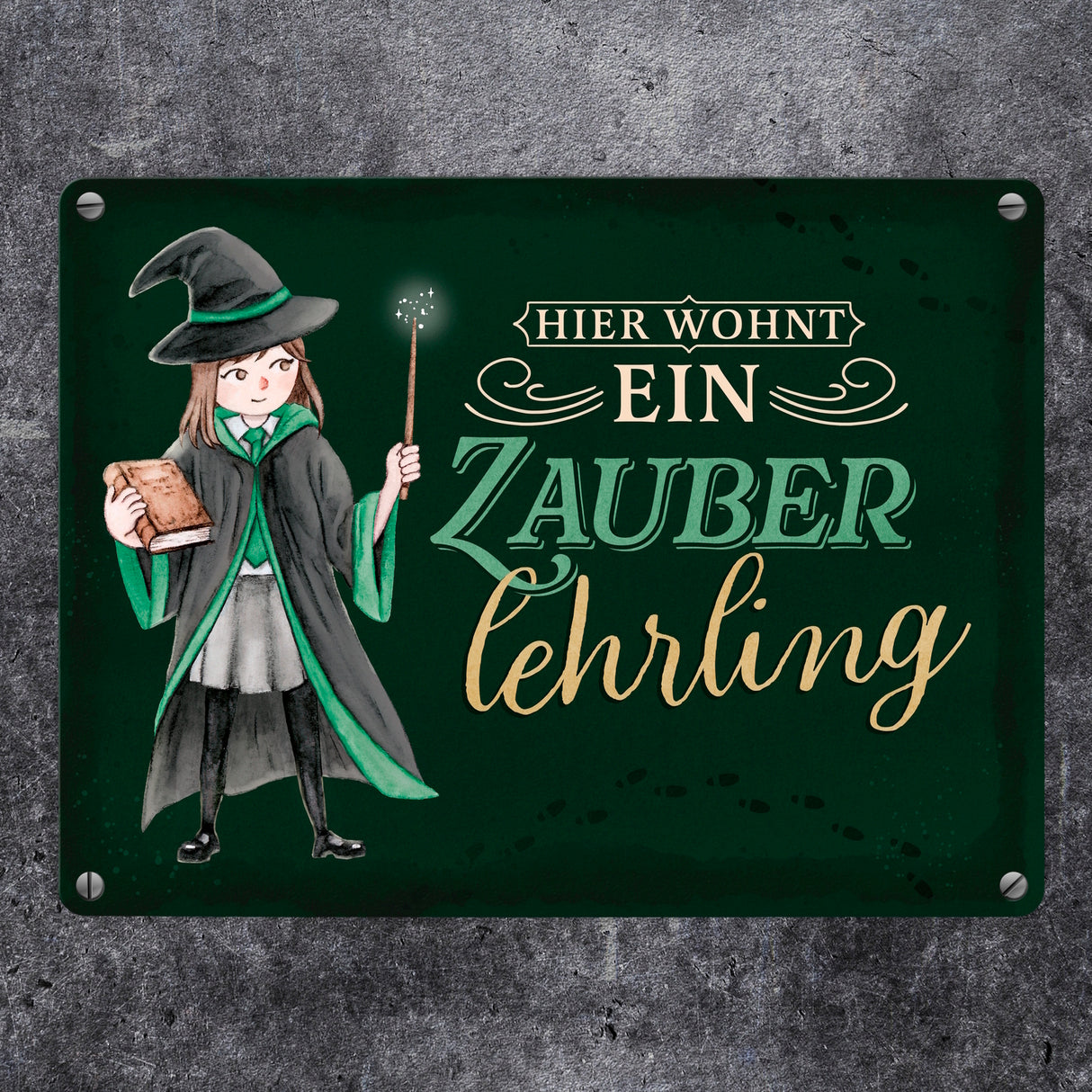 Zauberschülerin Metallschild in 15x20 cm mit dunklem Hintergrund und Spruch