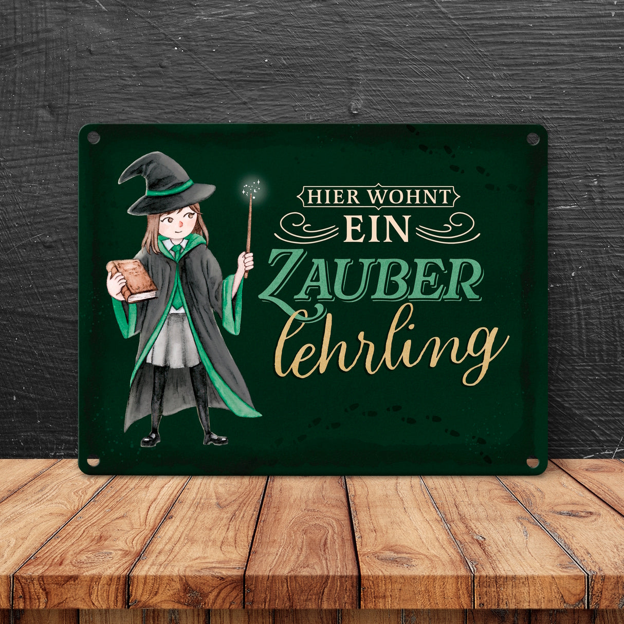 Zauberschülerin Metallschild in 15x20 cm mit dunklem Hintergrund und Spruch