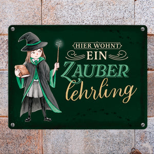 Zauberschülerin Metallschild in 15x20 cm mit dunklem Hintergrund und Spruch