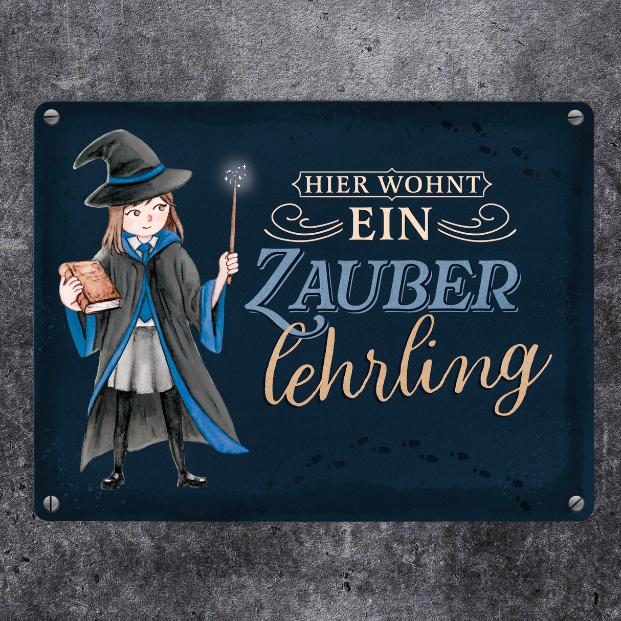 Zauberschülerin Metallschild in 15x20 cm mit dunklem Hintergrund und Spruch
