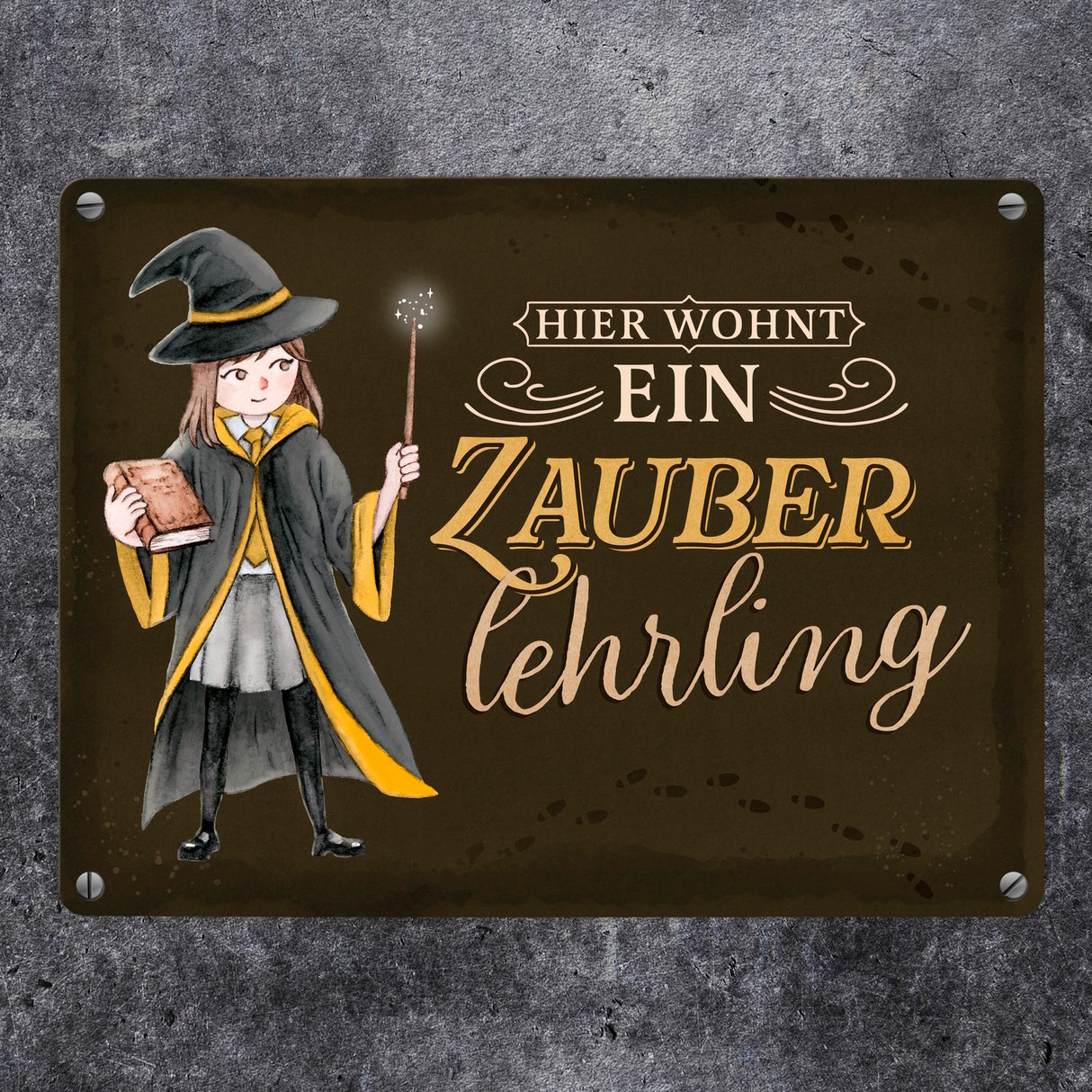 Zauberschülerin Metallschild in 15x20 cm mit dunklem Hintergrund und Spruch