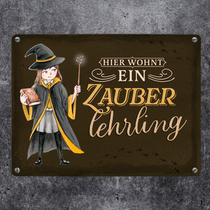 Zauberschülerin Metallschild in 15x20 cm mit dunklem Hintergrund und Spruch