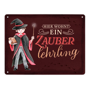 Zauberschüler Metallschild in 15x20 cm mit dunklem Hintergrund und Spruch