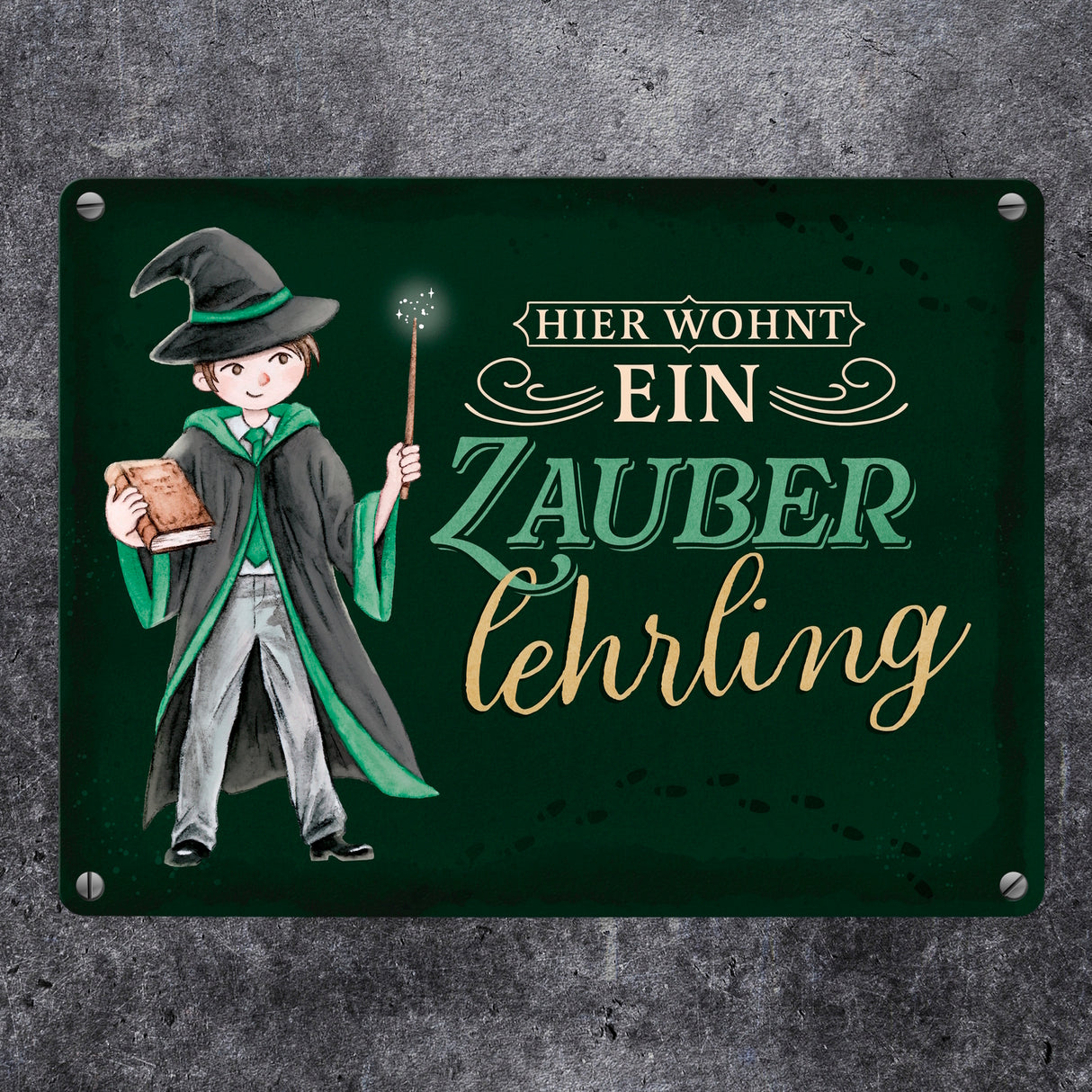 Zauberschüler Metallschild in 15x20 cm mit dunklem Hintergrund und Spruch