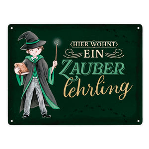 Zauberschüler Metallschild in 15x20 cm mit dunklem Hintergrund und Spruch