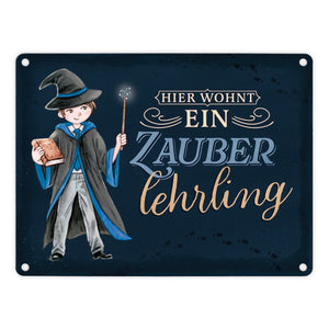 Zauberschüler Metallschild in 15x20 cm mit dunklem Hintergrund und Spruch