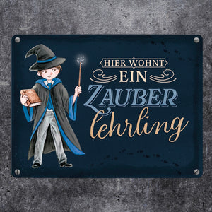 Zauberschüler Metallschild in 15x20 cm mit dunklem Hintergrund und Spruch