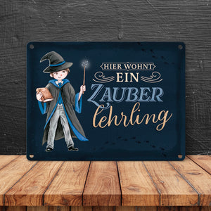 Zauberschüler Metallschild in 15x20 cm mit dunklem Hintergrund und Spruch
