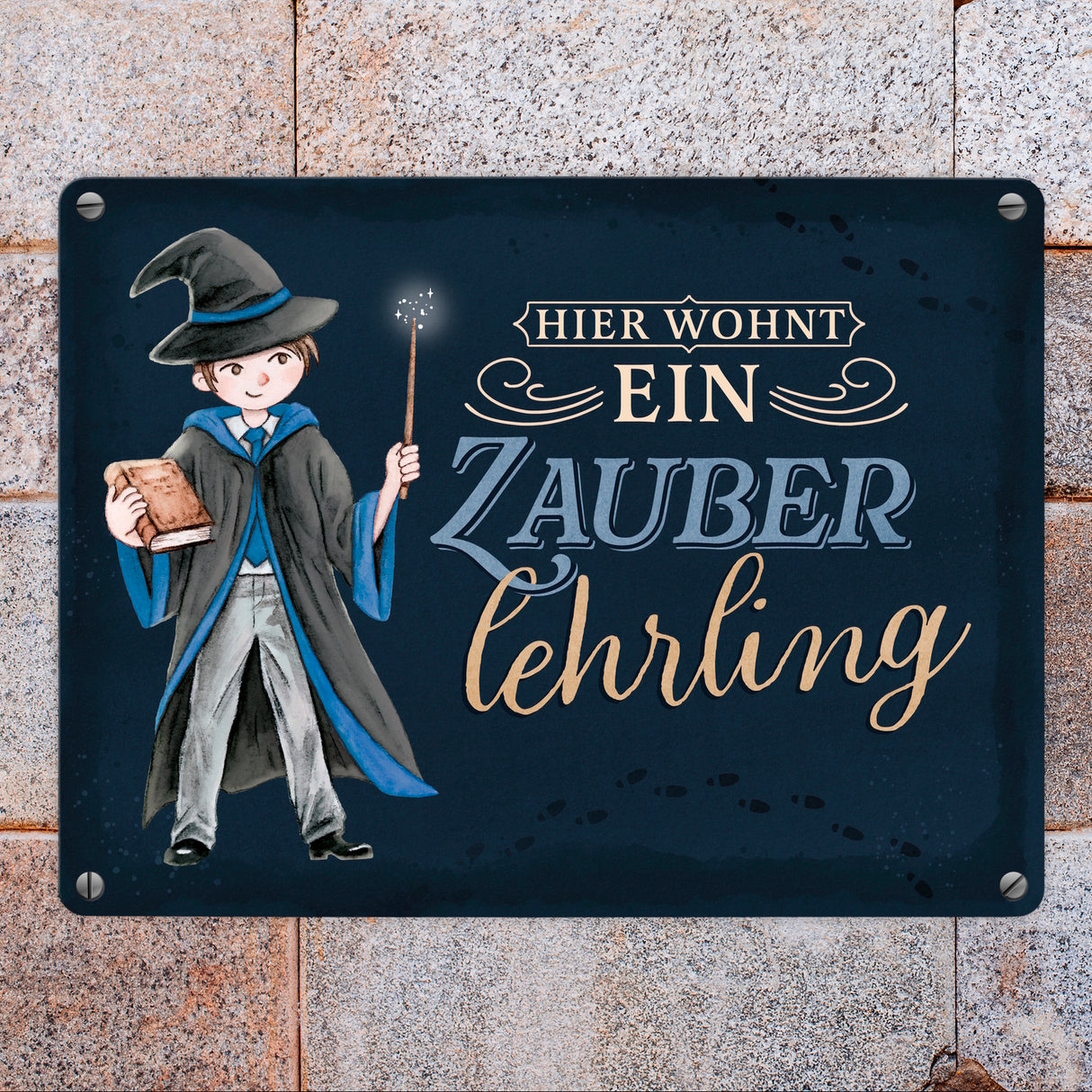 Zauberschüler Metallschild in 15x20 cm mit dunklem Hintergrund und Spruch