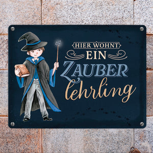 Zauberschüler Metallschild in 15x20 cm mit dunklem Hintergrund und Spruch