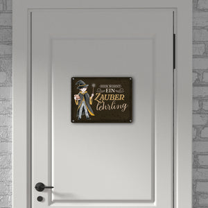 Zauberschüler Metallschild in 15x20 cm mit dunklem Hintergrund und Spruch