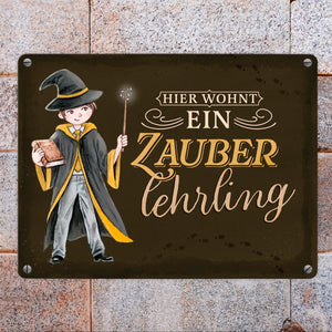 Zauberschüler Metallschild in 15x20 cm mit dunklem Hintergrund und Spruch