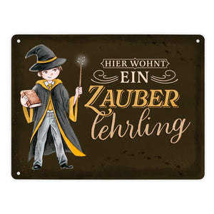 Zauberschüler Metallschild in 15x20 cm mit dunklem Hintergrund und Spruch