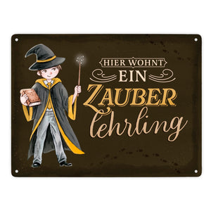 Zauberschüler Metallschild in 15x20 cm mit dunklem Hintergrund und Spruch
