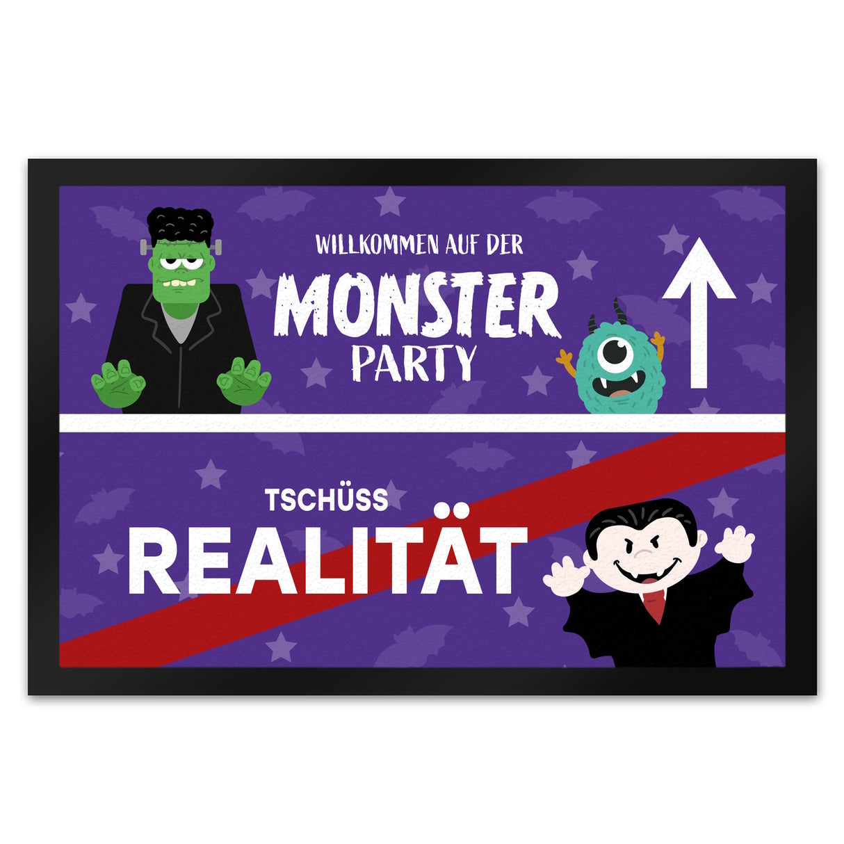 Willkommen auf der Monsterparty Ortsschild Fußmatte in 35x50 cm mit Spruch