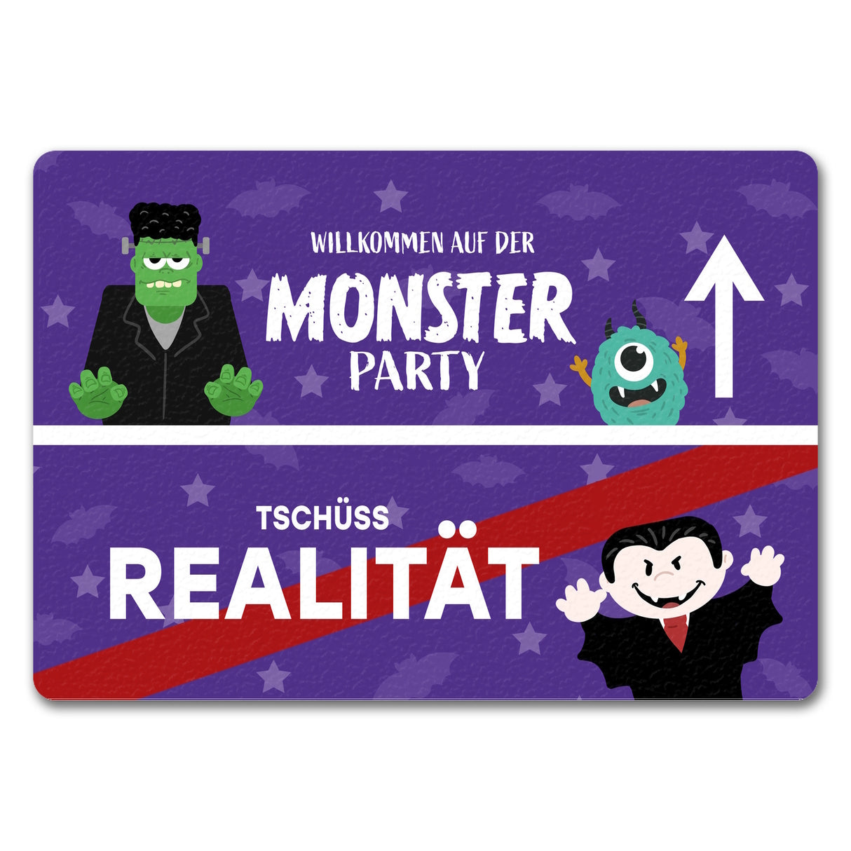 Willkommen auf der Monsterparty Ortsschild Fußmatte in 35x50 cm mit Spruch