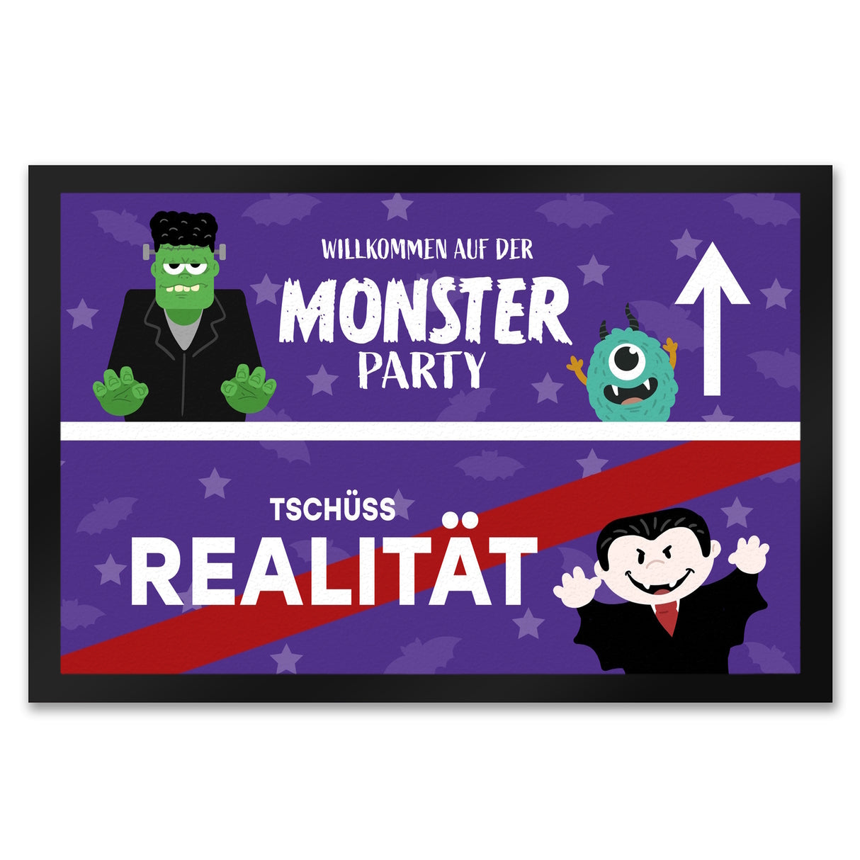 Willkommen auf der Monsterparty Ortsschild Fußmatte in 35x50 cm mit Spruch