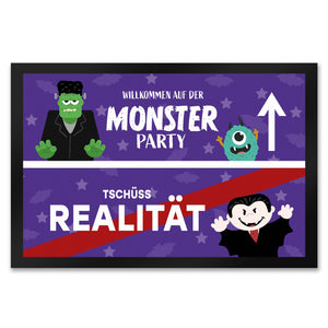 Willkommen auf der Monsterparty Ortsschild Fußmatte in 35x50 cm mit Spruch