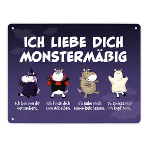 Einhorn-Monster Metallschild in 15x20 cm mit Spruch Ich liebe dich monstermäßig