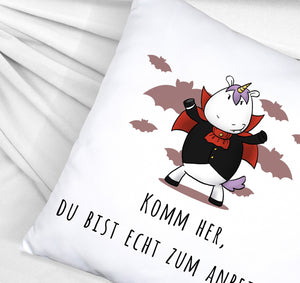 Einhorn-Vampir Kissen mit Spruch Du bist echt zum Anbeißen