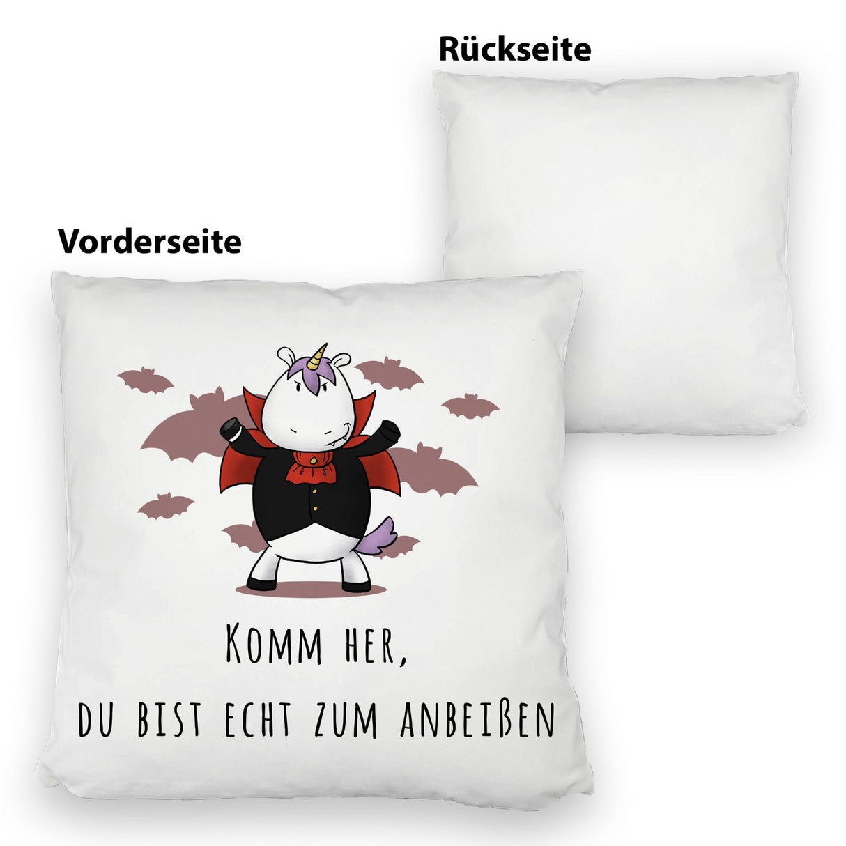 Einhorn-Vampir Kissen mit Spruch Du bist echt zum Anbeißen