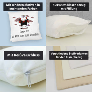 Einhorn-Vampir Kissen mit Spruch Du bist echt zum Anbeißen