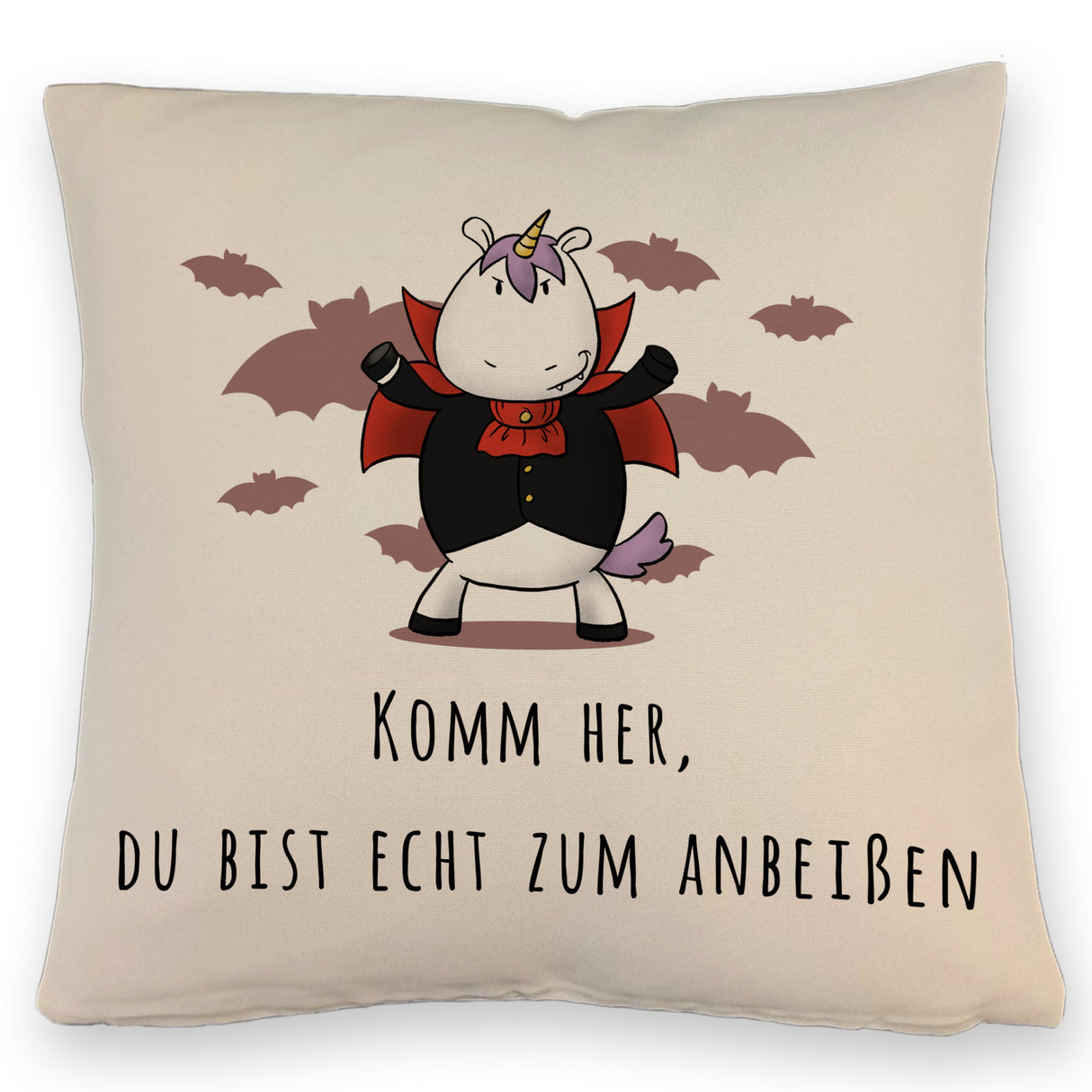 Einhorn-Vampir Kissen mit Spruch Du bist echt zum Anbeißen