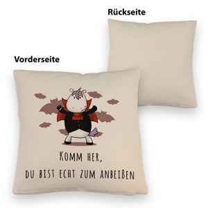 Einhorn-Vampir Kissen mit Spruch Du bist echt zum Anbeißen