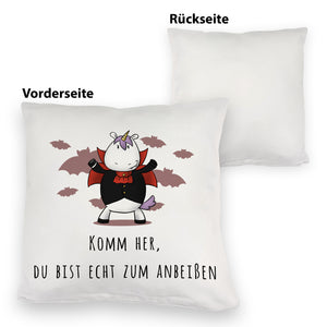 Einhorn-Vampir Kissen mit Spruch Du bist echt zum Anbeißen