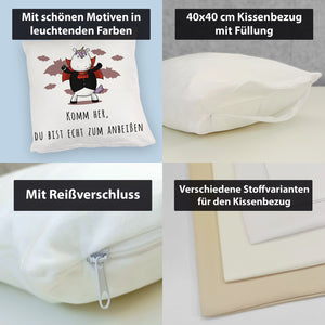 Einhorn-Vampir Kissen mit Spruch Du bist echt zum Anbeißen