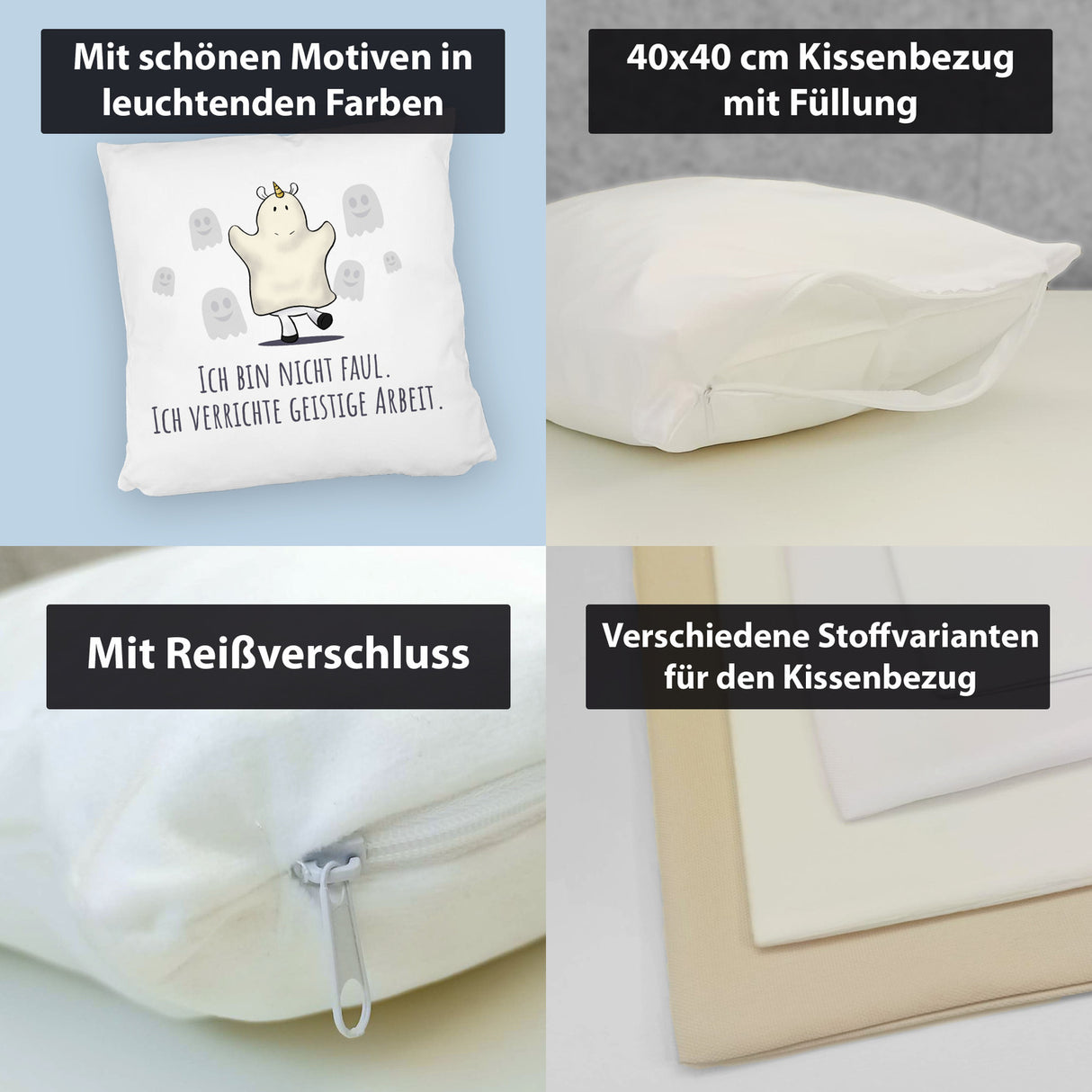 Einhorn-Geist Kissen mit Spruch Ich bin nicht faul Ich verrichte geistige Arbeit