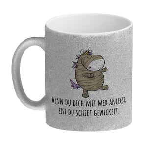 Einhorn-Mumie Kaffeebecher mit Spruch Du bist doch schief gewickelt