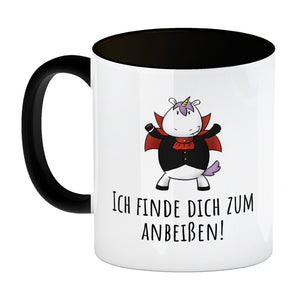 Einhorn-Vampir Kaffeebecher mit Spruch Ich finde dich zum Anbeißen