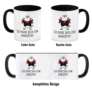 Einhorn-Vampir Kaffeebecher mit Spruch Ich finde dich zum Anbeißen