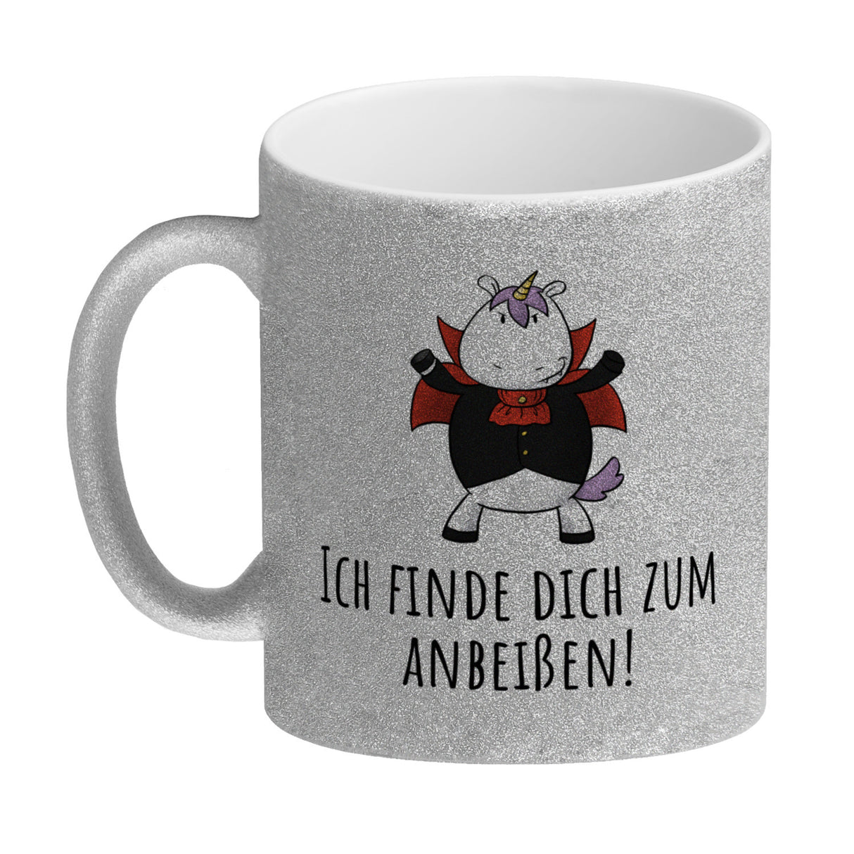 Einhorn-Vampir Kaffeebecher mit Spruch Ich finde dich zum Anbeißen