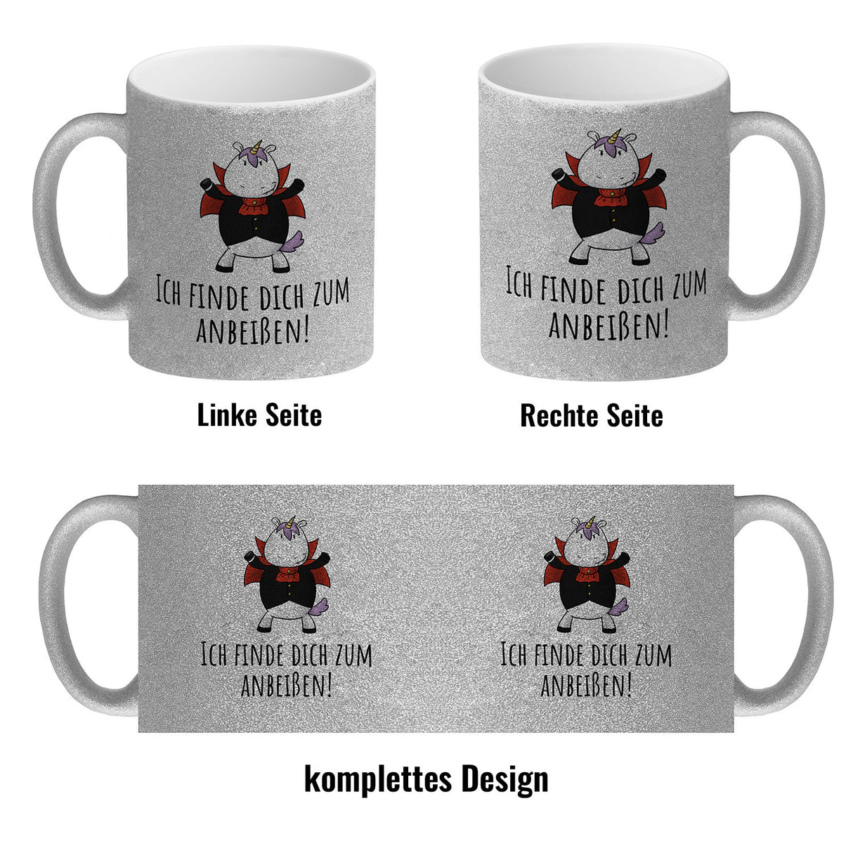 Einhorn-Vampir Kaffeebecher mit Spruch Ich finde dich zum Anbeißen