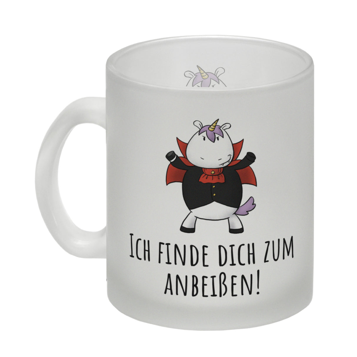 Einhorn-Vampir Kaffeebecher mit Spruch Ich finde dich zum Anbeißen