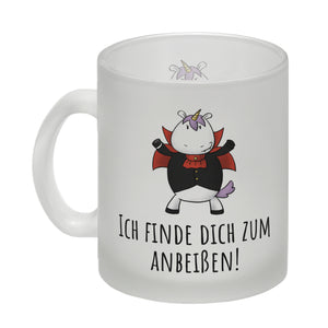 Einhorn-Vampir Kaffeebecher mit Spruch Ich finde dich zum Anbeißen