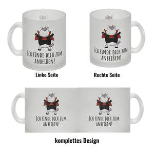 Einhorn-Vampir Kaffeebecher mit Spruch Ich finde dich zum Anbeißen