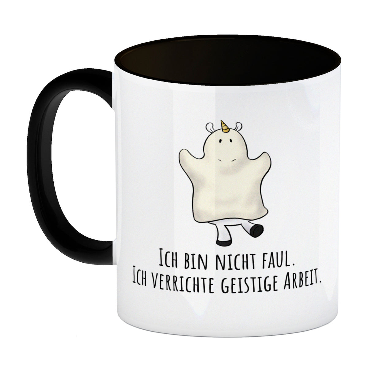 Einhorn-Geist Kaffeebecher mit Spruch Ich bin nicht faul Ich verrichte geistige Arbeit